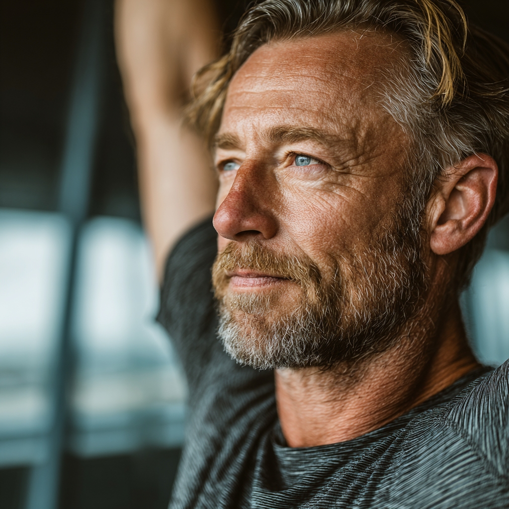 Active middle-aged man in his late 40s with graying hair, wearing comfortable workout attire, performing stretching exercises in a modern wellness center. He has a focused and content expression, showcasing healthy aging and fitness commitment for mature adults.
