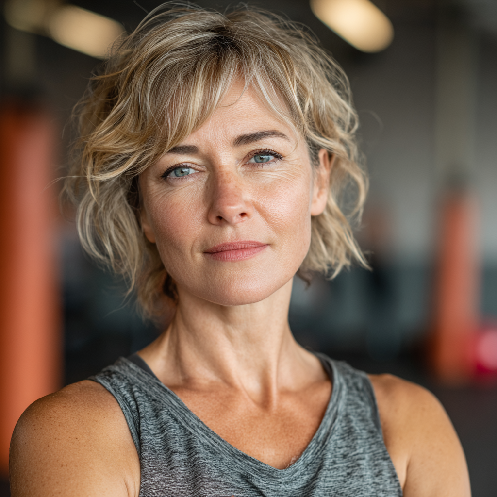 Confident middle-aged woman in her early 50s with short blonde hair, wearing modern athletic clothing, standing in a bright fitness studio with natural lighting. She has a determined yet peaceful expression, representing health and vitality for mature adults pursuing wellness goals.
